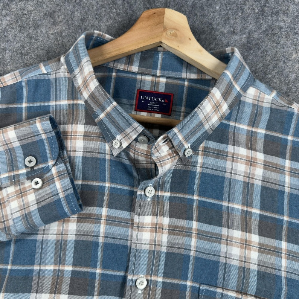 UNTUCKit Cremants WF Shirt‎ Mens 3XL Blue Plaid Wrinkle Free Long Sleeve Button